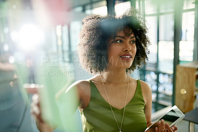 Buy stock photo Business woman, tablet and sticky note for planning, strategy or brainstorming in creative office. Glass wall, employee and research with ideas, discussion and schedule tasks for event project