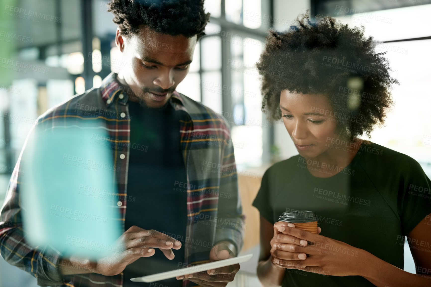 Buy stock photo Office, woman and man with tablet, online and collaboration for design on website, plan or research. Creative, graphic designer or people with tech for brand identity, colleagues or review of project
