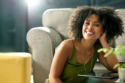 Buy stock photo Smile, relax and portrait with woman in house for comfortable, tablet and peace. Happiness, confidence and online search with female person in living room of home for calm, break and weekend