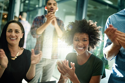 Buy stock photo Business, team and people with applause in meeting for marketing success, startup growth and pride. Creative agency, flare and happy group with clapping for campaign performance or target celebration
