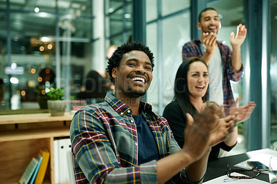 Buy stock photo Man, applause and team at night, startup and success with motivation for goals at media company. Business people, excited group and happy at meeting, clapping hands and celebration at creative agency
