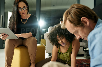 Buy stock photo Planning, project and consulting with business people in office for public relations report, night and campaign launch. Media deadline, online branding and flare with employees in marketing agency