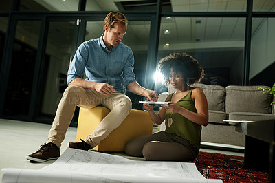 Buy stock photo Man, woman and team at office, blueprint or stationery for interior design process at company. People, architect and collaboration for floor plan, renovation project or property development at agency
