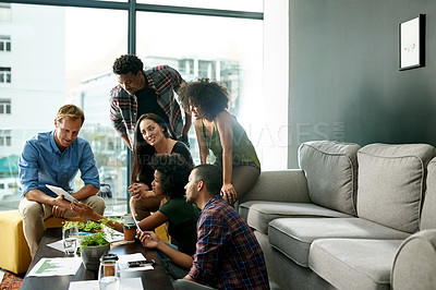 Buy stock photo Creative people, report and tablet in office for meeting, brainstorming and smile with design team. Project manager, technology and man in agency for proposal process, feedback or web campaign agenda