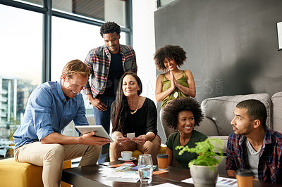 Buy stock photo Creative people, man and tablet in office for meeting, brainstorming and smile with design team. Project manager, technology and report in agency for proposal process, feedback or web campaign agenda
