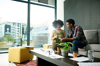 Buy stock photo Man, woman and swatch for graphic design, team and brainstorming with stress at company. People, partnership and confused with palette, color sample and creative process for collaboration at agency