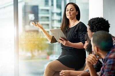 Buy stock photo Tablet, workshop and discussion with business people in office for designer briefing, teamwork and project. Interior design update, creative feedback and meeting with employees in agency for flare