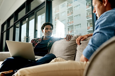 Buy stock photo Laptop, planning and discussion with business people in office for client briefing, teamwork and project. Interior design update, creative feedback and schedule conversation with employees in agency