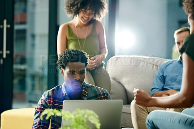 Buy stock photo Business, brainstorming and man with laptop, teamwork and planning with creative agency. People, group and employees in office, copywriting and online reading with feedback, email and proposal