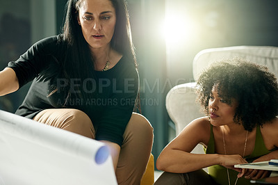 Buy stock photo Business women, blueprint and interior design with team for project planning, layout or development. Female people, designers or decor artists checking document with flare for property improvement