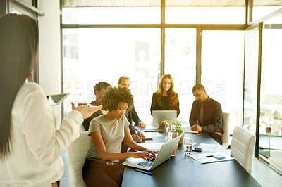 Buy stock photo Presentation, teamwork and business people in office with meeting for creative project in collaboration. Laptop, discussion and copywriters with tech for article planning together with publishing.