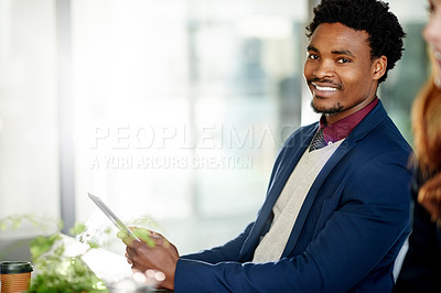 Buy stock photo Portrait, confident and man with tablet, office or positive attitude for wealth management or space. Happy, financial advisor and black person with tech for investment opportunity, ambition and pride