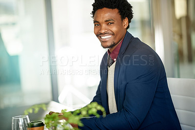 Buy stock photo Portrait, confident and businessman with smile, office and ambition for wealth management and space. Happy, financial advisor and black person with positive attitude, pride and investment opportunity