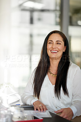 Buy stock photo Happy, mature or woman in office with thought for business growth, career opportunity or job promotion. Confident, consultant and person in workplace with smile, vision and development in company.