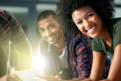 Buy stock photo Night, portrait and coworkers with tablet, teamwork or online for deadline, men and woman in office. Working late, colleagues and journalist with tech for story, flare and publication of article