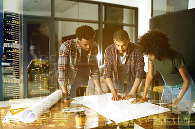Buy stock photo Architecture, double exposure and people with blueprint in meeting for design, floorplan and building project. Creative team, city and workers with paperwork for planning, layout and renovation