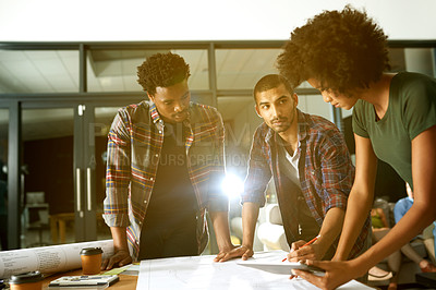 Buy stock photo Architecture, night and people with blueprint in office for design, floorplan and building project. Creative team, engineering and workers with paperwork for planning, layout and renovation meeting