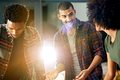 Buy stock photo Discussion, teamwork and business people in office with planning for creative project with overtime. Meeting, flare and journalists with conversation for article with publishing in workplace at night