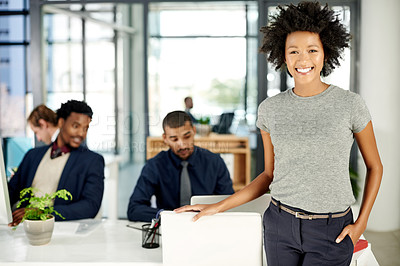 Buy stock photo Portrait, employee and woman with smile, boardroom and marketing coordinator with pride in business. Happy, person and confident in meeting, discussion and leader for project or campaign in office