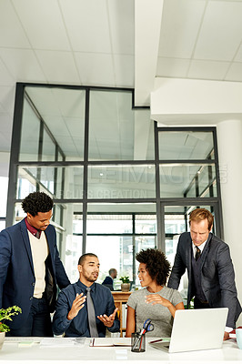Buy stock photo Discussion, meeting and business people on laptop in office for financial review, planning and strategy. Professional, teamwork and workers on computer for research, finance report and proposal