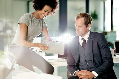 Buy stock photo Business, tablet and man with woman in office for financial review, budget planning and strategy. Professional, teamwork and workers on digital tech for proposal feedback, finance report and advice