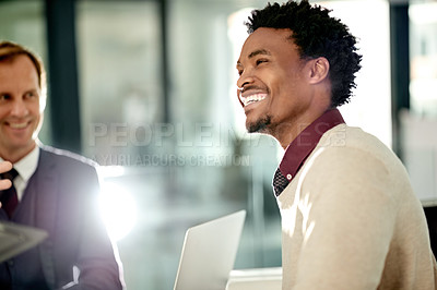Buy stock photo Happy, meeting and businessman in office with planning for finance report with team for budget. Smile, collaboration and male financial advisor in discussion for investment proposal in workplace.