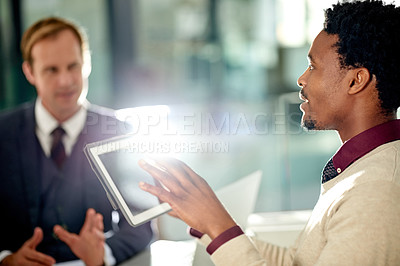 Buy stock photo Man, lawyer and tablet with discussion, meeting and team with review, blank screen and insight at office. People, attorney and tech with planning, feedback or solution with application at law firm