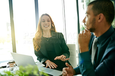 Buy stock photo Discussion, laptop and business people in office for planning finance report for company budget. Meeting, conversation and team of financial advisors working on investment proposal in collaboration.