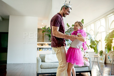 Buy stock photo House, dancing and father with girl, costume and bonding together with smile, teaching and movement. Happy, family and dad with daughter, love and parent with child development, fun and learning
