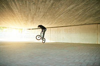 Buy stock photo Man, bicycle and parkour with jump in urban park for extreme sport, balance or outdoor trick. Male person, cyclist or professional biker in air with mockup space for challenge or free style riding