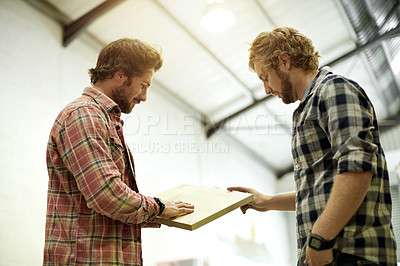 Buy stock photo Carpentry, workshop and men with lumber for woodwork, furniture restoration and teamwork. DIY project, factory and contractor advice in discussion for meeting with timber, plank or manufacturing