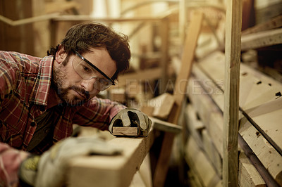 Buy stock photo Carpenter, workshop and man with sanding for woodwork, furniture restoration and renovation. DIY project, factory and handyman with timber, lumber or manufacturing for artisan craft or production