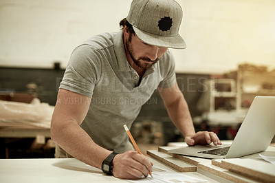 Buy stock photo Laptop, furniture and sketch with man in workshop for design drawing, artisan project and carpenter. Manufacturing, online diagram and woodworking with person for crafting and quality control
