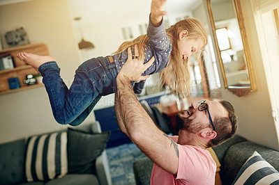 Buy stock photo Dad, child and flying in home with game, bonding and connection on weekend for protection. Family, people and relax in apartment with trust, play and security in parenting with love and embrace