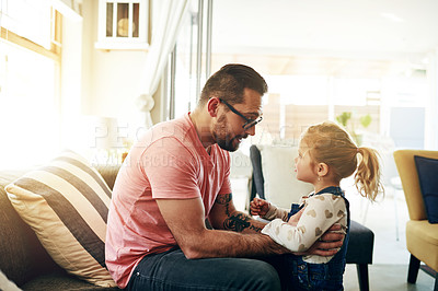 Buy stock photo Relax, dad and child in home with love, protection and connection for adoption and bonding. Family, people and happiness in foster care with trust, support and security in parenting and embrace