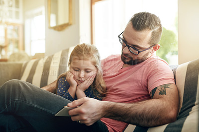 Buy stock photo Online, dad and child with tablet, lounge and watching movie with subscription on website and relax. Family, man and streaming cartoons with daughter, bonding and entertainment with tech in house