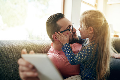 Buy stock photo Bonding, love or security with father and daughter on sofa in living room of home together for trust. Happy, support or tablet with girl child and single parent man in apartment for family time