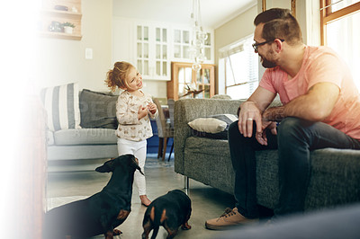 Buy stock photo Dad, dogs and girl child in living room of home together for bonding, growth or learning. Animal care, cute or love with happy daughter and single parent man on sofa in apartment for pet safety