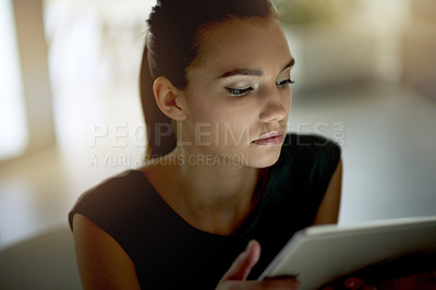 Buy stock photo Real estate agent, tablet or woman in office for reading research, opportunity or listing services. Update, blog or realtor on housing website to check on apartment info, online post or property ads