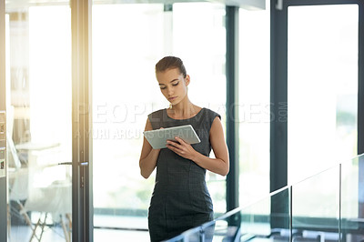 Buy stock photo News, review or businesswoman in lobby with tablet for budget savings, risk assessment or finance. Financial advisor, office or investment banker with technology for accounting update or research