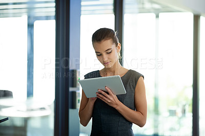 Buy stock photo Review, lobby or businesswoman on tablet for reading budget, risk assessment and finance. Financial advice, research and investment banker with technology for accounting, economy news and payroll