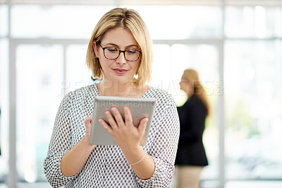 Buy stock photo Business, tablet and woman in workplace, internet and copywriting with creative agency. Person, tech and journalist with submission, editor and email for story publication, magazine website and app