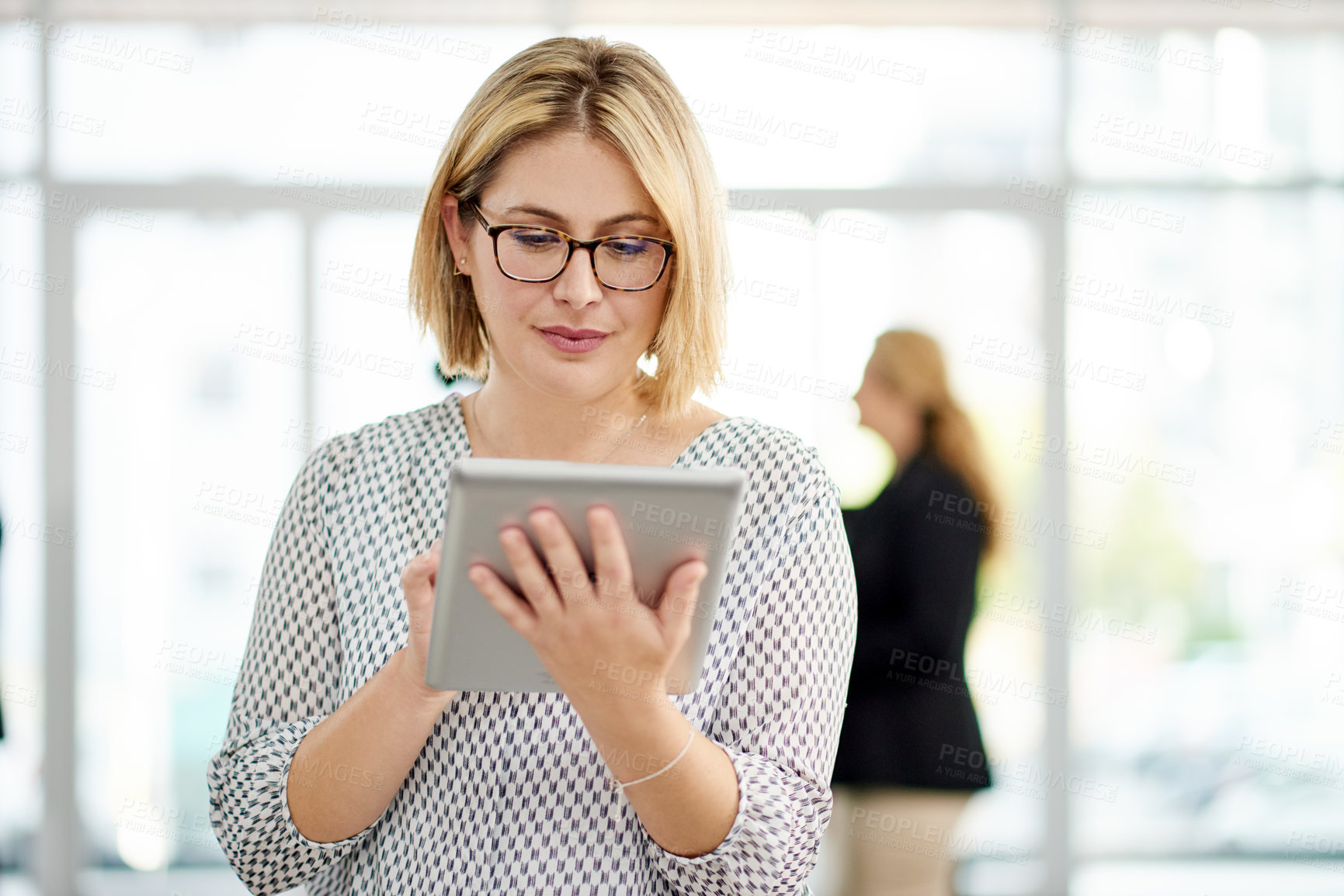 Buy stock photo Business, tablet and woman in workplace, internet and copywriting with creative agency. Person, tech and journalist with submission, editor and email for story publication, magazine website and app