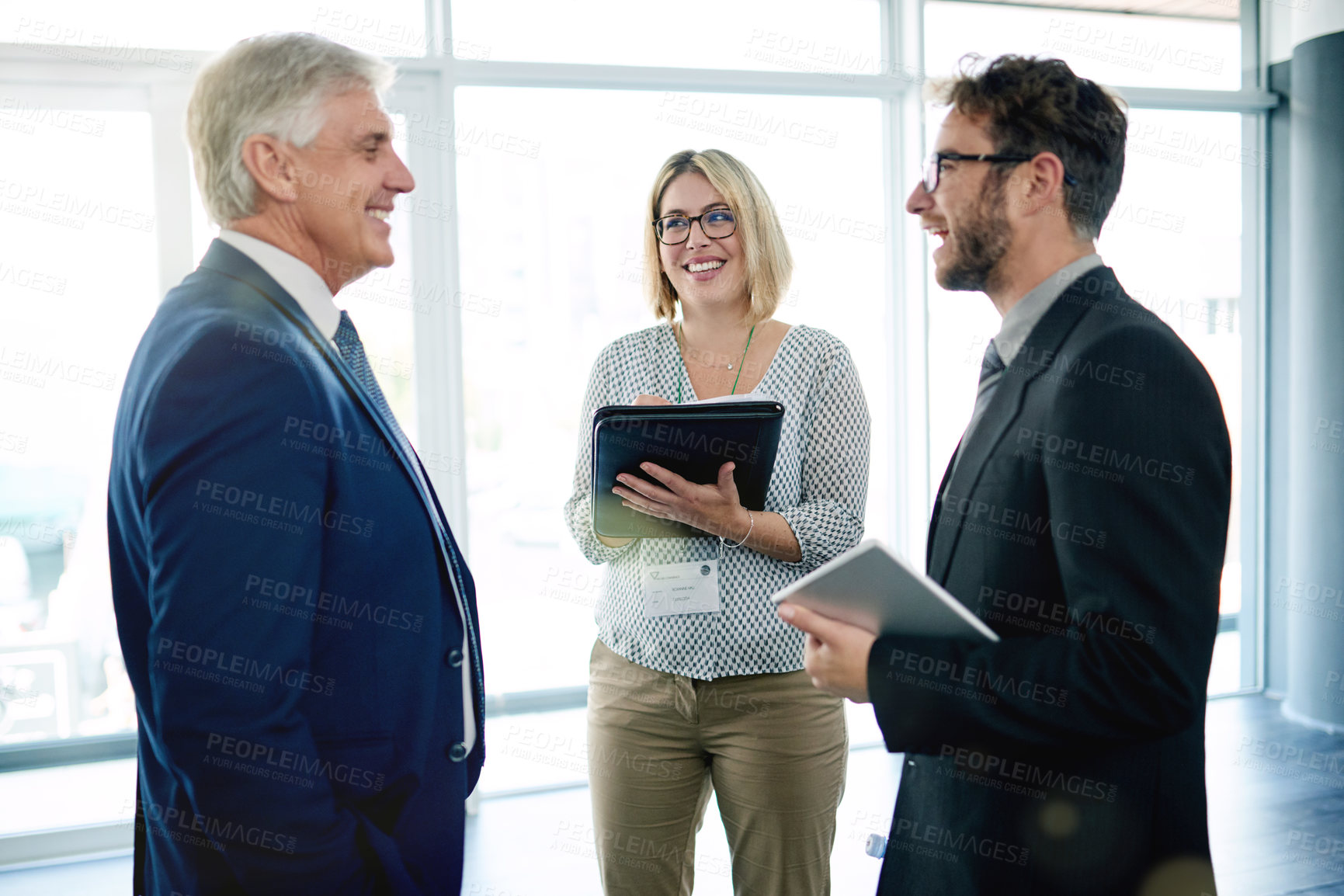 Buy stock photo Teamwork, meeting and mentor with business people in office for trading advice, partnership or investor. Stock market advisor, broker manager and feedback with employees in agency for discussion