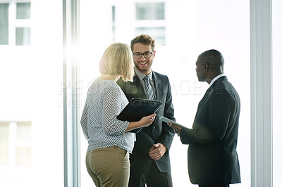 Buy stock photo Teamwork, meeting and smile with business people in office for trading advice, partnership or investor. Stock market advisor, broker collaboration and feedback with employees in agency for discussion