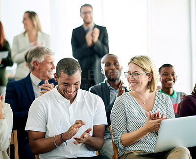 Buy stock photo Clapping hands, seminar and business people in office with conference for finance together. Laughing, audience and group of financial advisors with applause for collaboration at corporate workshop.