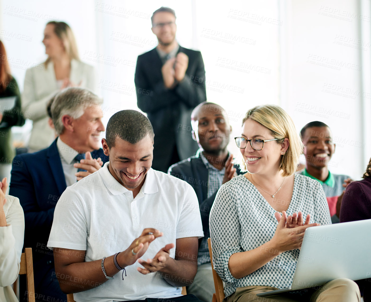 Buy stock photo Clapping hands, seminar and business people in office with conference for finance together. Laughing, audience and group of financial advisors with applause for collaboration at corporate workshop.