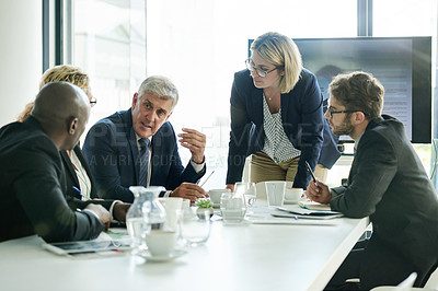 Buy stock photo Business people, meeting and discussion with documents for planning, brainstorming or proposal at office. Team, group seminar and communication with paperwork for project negotiation or collaboration