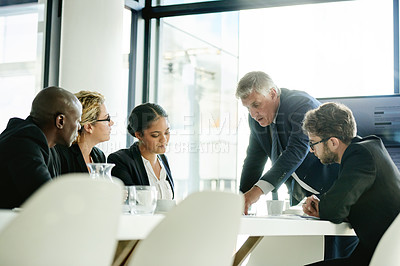 Buy stock photo Presentation, business people and team planning with manager for investment, trading or coaching. Meeting, office and group discussion with presenter for stock market, financial analysis or training