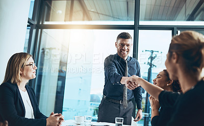 Buy stock photo Business people, meeting and shaking hands with deal in office for partnership, launch or project. Agreement, employees or handshake with smile for collaboration, teamwork or support for b2b proposal